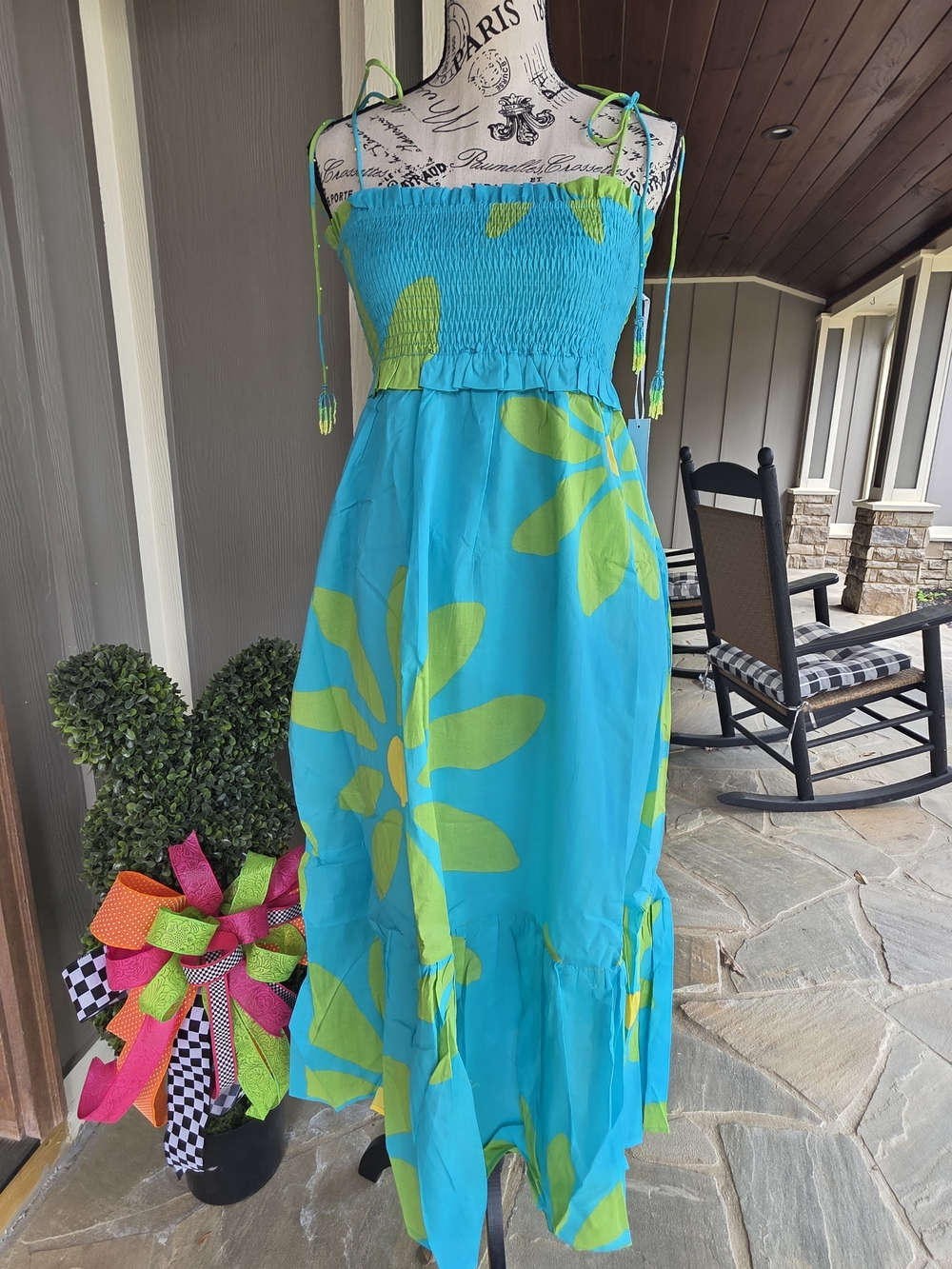 Smocked Strap Midi Dress in Turquoise with Lime Floral Print-NWT